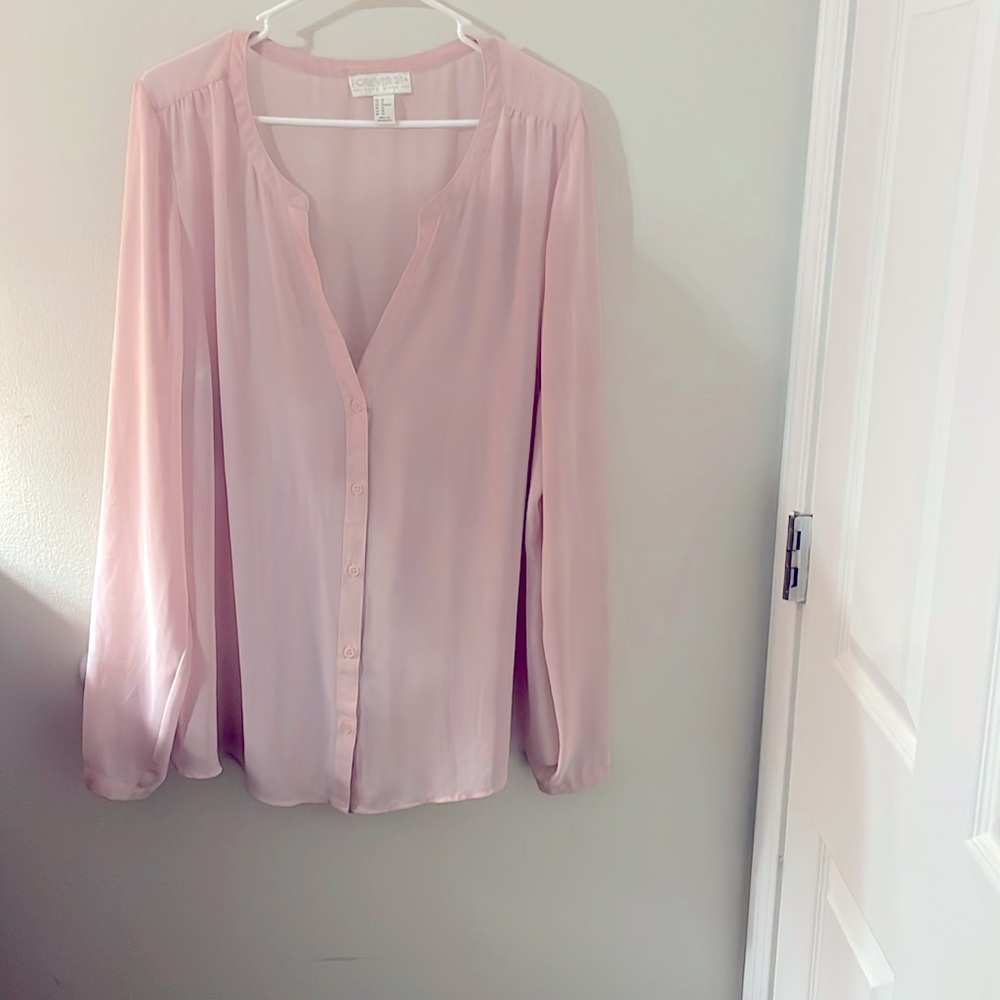 Forever21 Sheer Baby Pink Long Sleeve Button Blouse